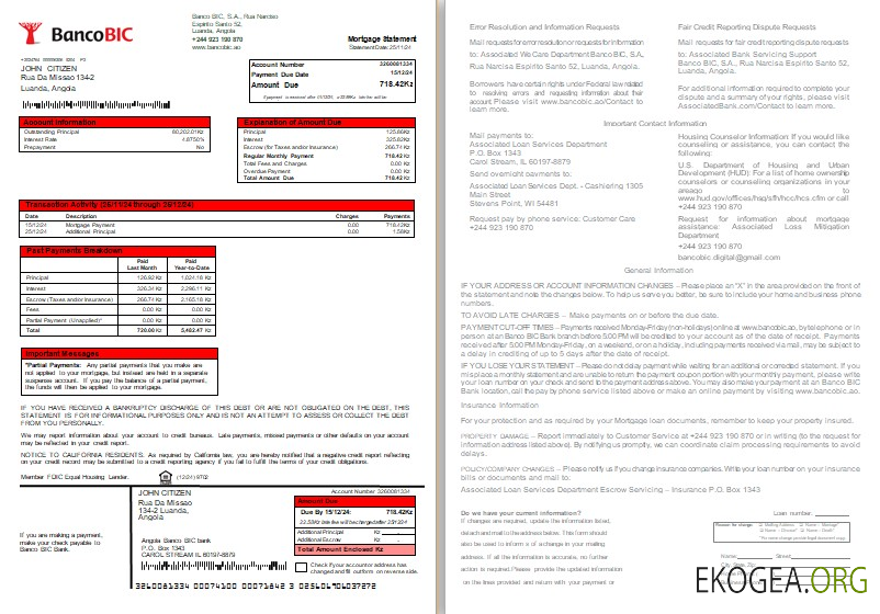 Relevé hypothécaire de la banque Angola Banco BIC, 2 pages, 1, 2 scr